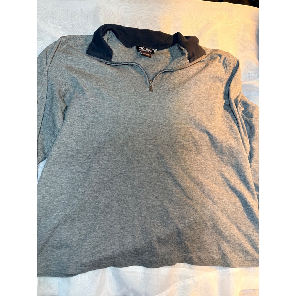 Michael Kors Mens Quarter Zip Pullover Gray Navy Blue Mock Neck Sweater Large